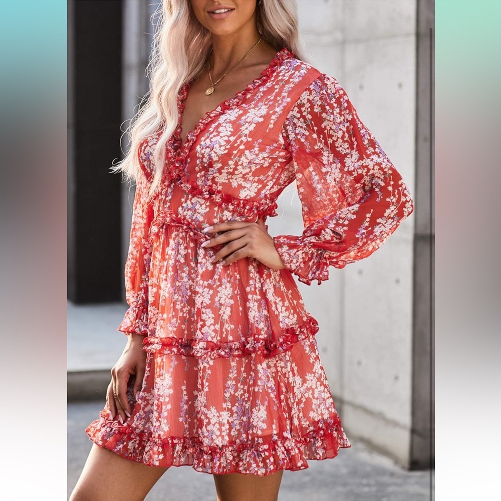 Floral Ruffle Red Dress - Picture 3 of 8